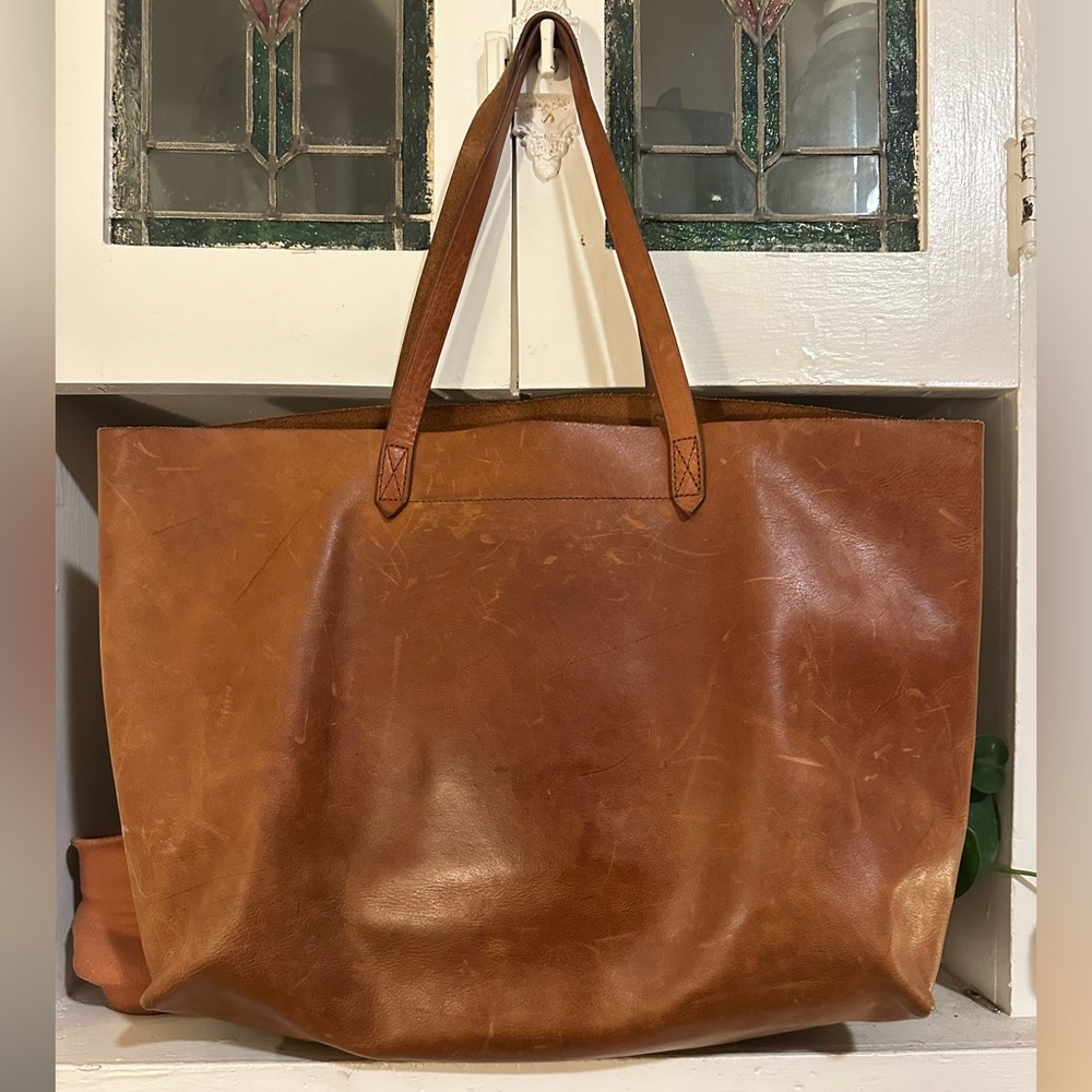 Madewell East West Tan Leather Transport Tote